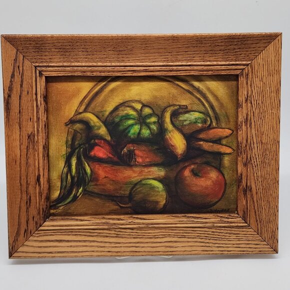 Pastel Still life Artwork Fruits by B. Myers Rustic Oak Wooden Frame Bright Colo - Picture 1 of 14